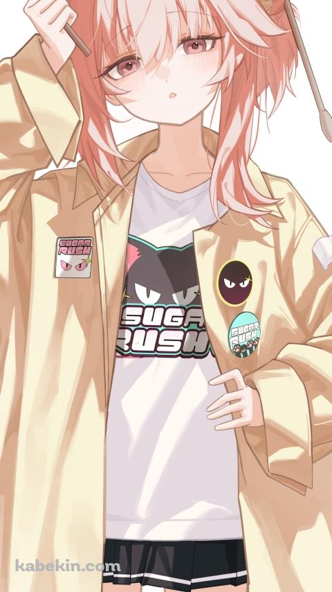 ドラムスティックを持つ黄色いパーカーを着た柚鳥ナツ / ブルーアーカイブのAndroidの壁紙(480px x 854px) スマホ用