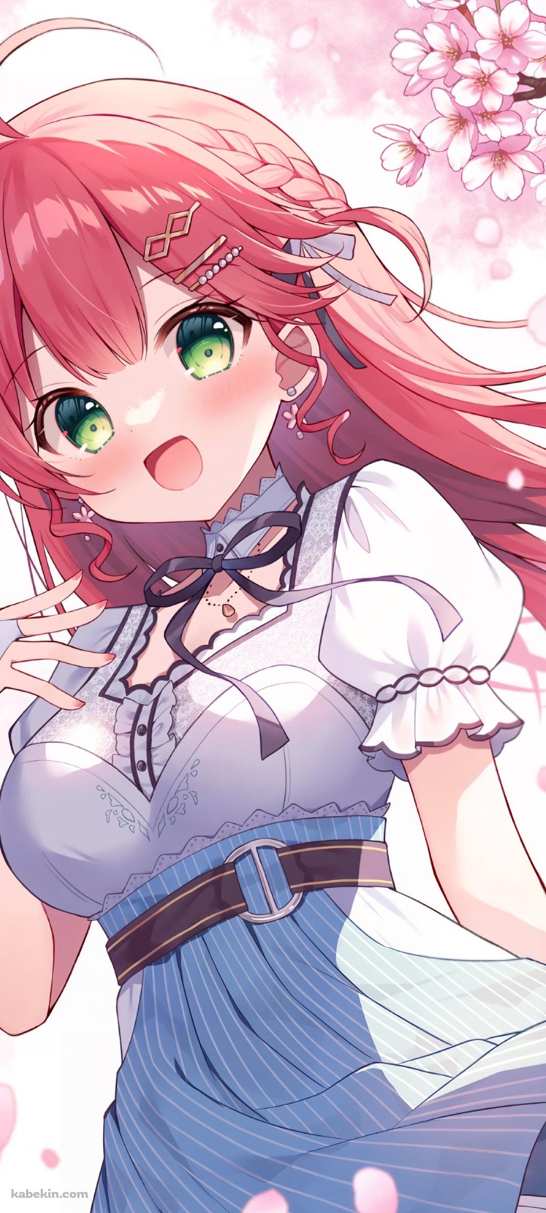 桜の花とさくらみこ / 緑の瞳 / ホロライブ / バーチャルYouTuber / VtuberのAndroidの壁紙(1080px x 2400px) スマホ用