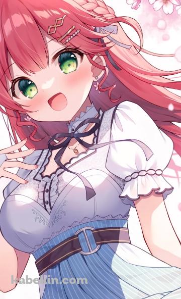 桜の花とさくらみこ / 緑の瞳 / ホロライブ / バーチャルYouTuber / VtuberのAndroidの壁紙(360px x 592px) スマホ用