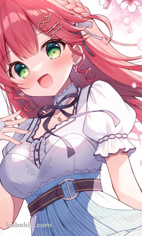 桜の花とさくらみこ / 緑の瞳 / ホロライブ / バーチャルYouTuber / VtuberのAndroidの壁紙(480px x 800px) スマホ用