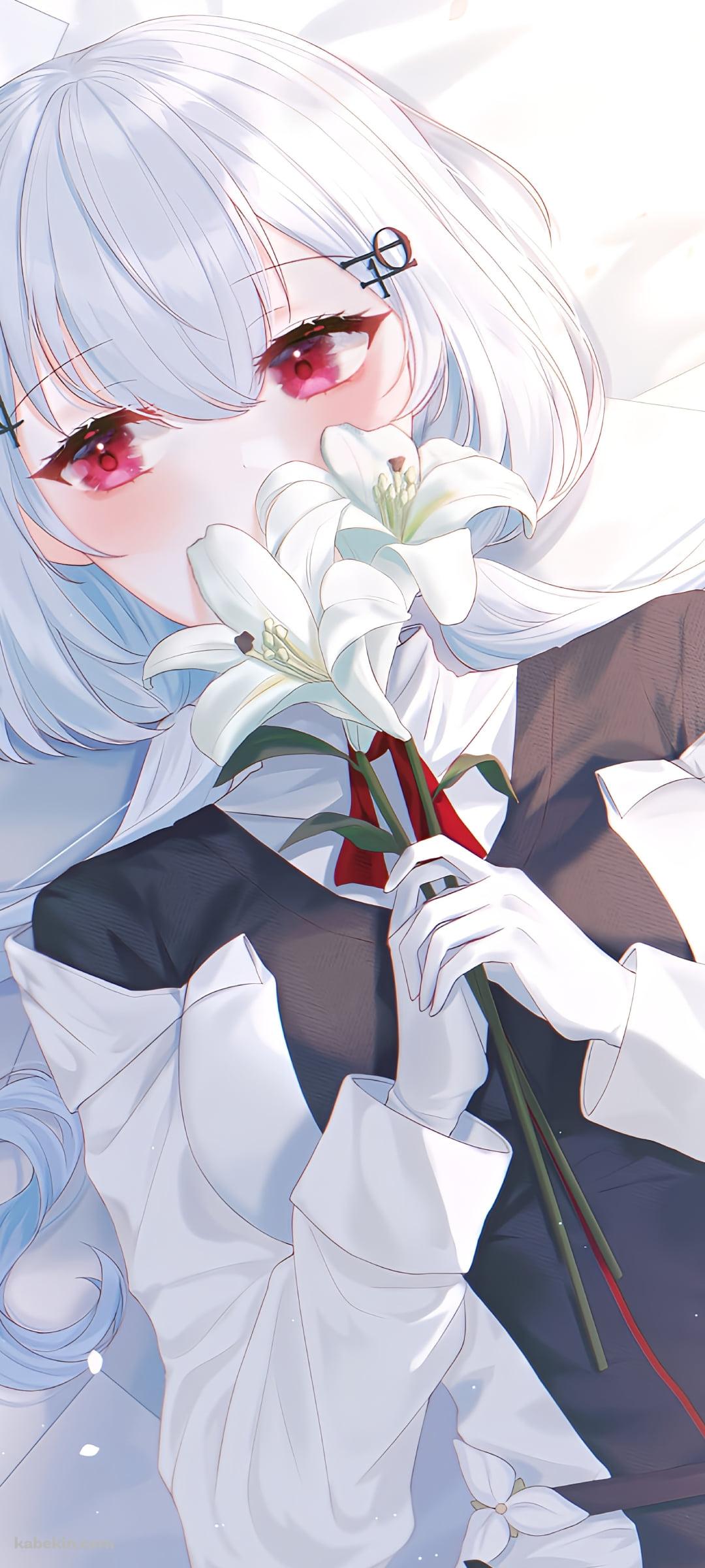 ベッドの上で白い百合を持つ葉加瀬冬雪 / にじさんじ / バーチャルYouTuberのAndroidの壁紙(1080px x 2400px) スマホ用