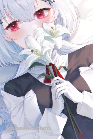 ベッドの上で白い百合を持つ葉加瀬冬雪 / にじさんじ / バーチャルYouTuberのAndroidの壁紙(320px x 480px) スマホ用