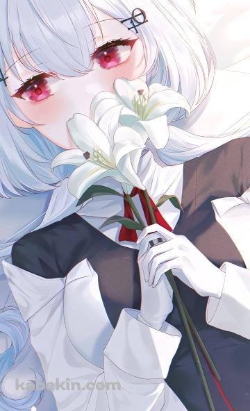 ベッドの上で白い百合を持つ葉加瀬冬雪 / にじさんじ / バーチャルYouTuberのAndroidの壁紙(360px x 592px) スマホ用