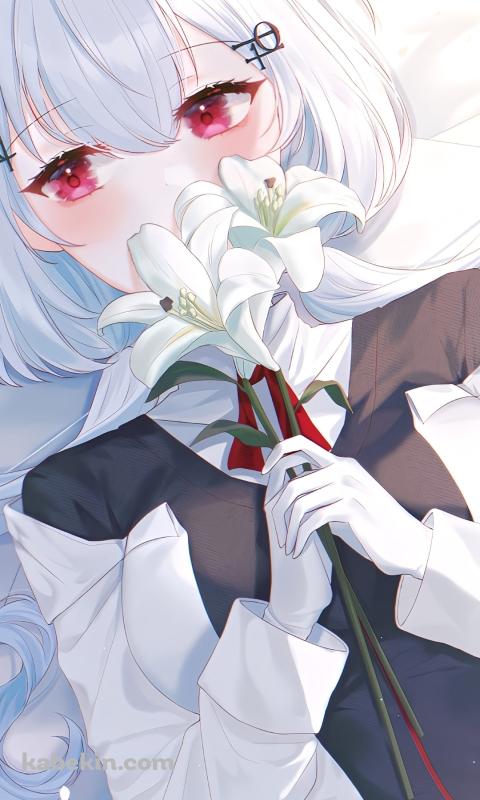 ベッドの上で白い百合を持つ葉加瀬冬雪 / にじさんじ / バーチャルYouTuberのAndroidの壁紙(480px x 800px) スマホ用