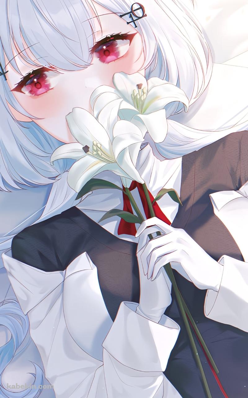 ベッドの上で白い百合を持つ葉加瀬冬雪 / にじさんじ / バーチャルYouTuberのAndroidの壁紙(800px x 1280px) スマホ用