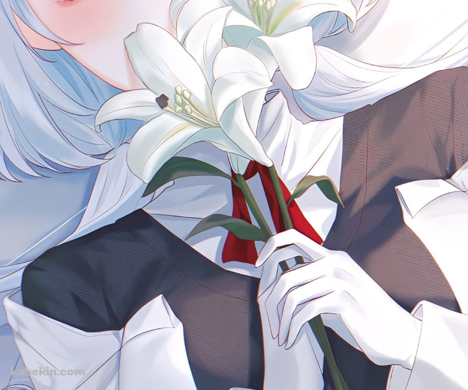 ベッドの上で白い百合を持つ葉加瀬冬雪 / にじさんじ / バーチャルYouTuberのAndroidの壁紙(960px x 800px) スマホ用