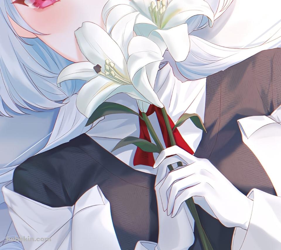 ベッドの上で白い百合を持つ葉加瀬冬雪 / にじさんじ / バーチャルYouTuberのAndroidの壁紙(960px x 854px) スマホ用