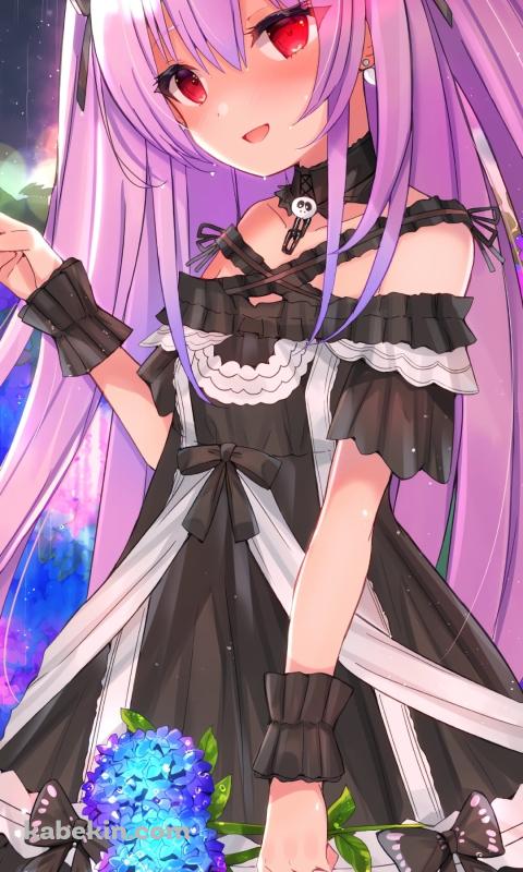 雨の中、紫の花を摘む潤羽るしあ / ホロライブ / バーチャルYouTuberのAndroidの壁紙(480px x 800px) スマホ用