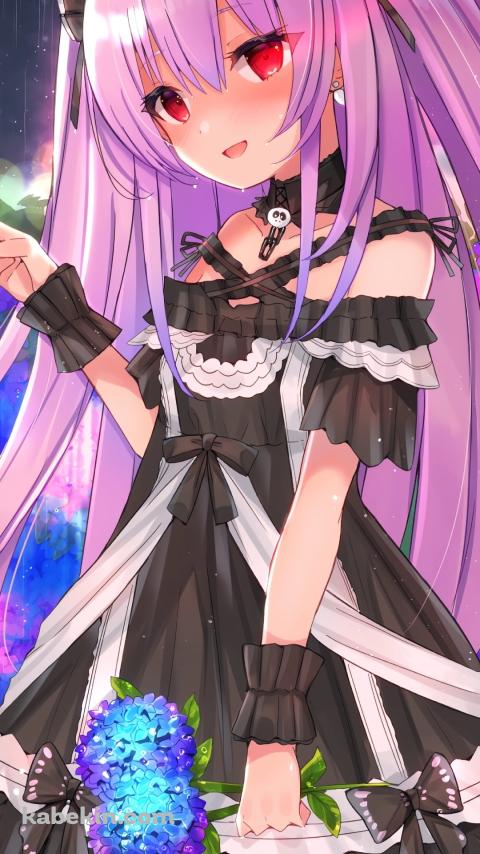 雨の中、紫の花を摘む潤羽るしあ / ホロライブ / バーチャルYouTuberのAndroidの壁紙(480px x 854px) スマホ用