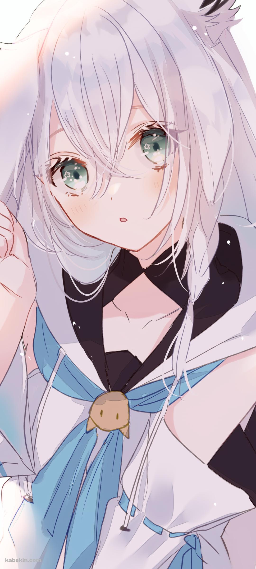 緑の瞳でこちらを見つめる白上フブキ / ホロライブ / バーチャルYouTuberのAndroidの壁紙(1080px x 2400px) スマホ用