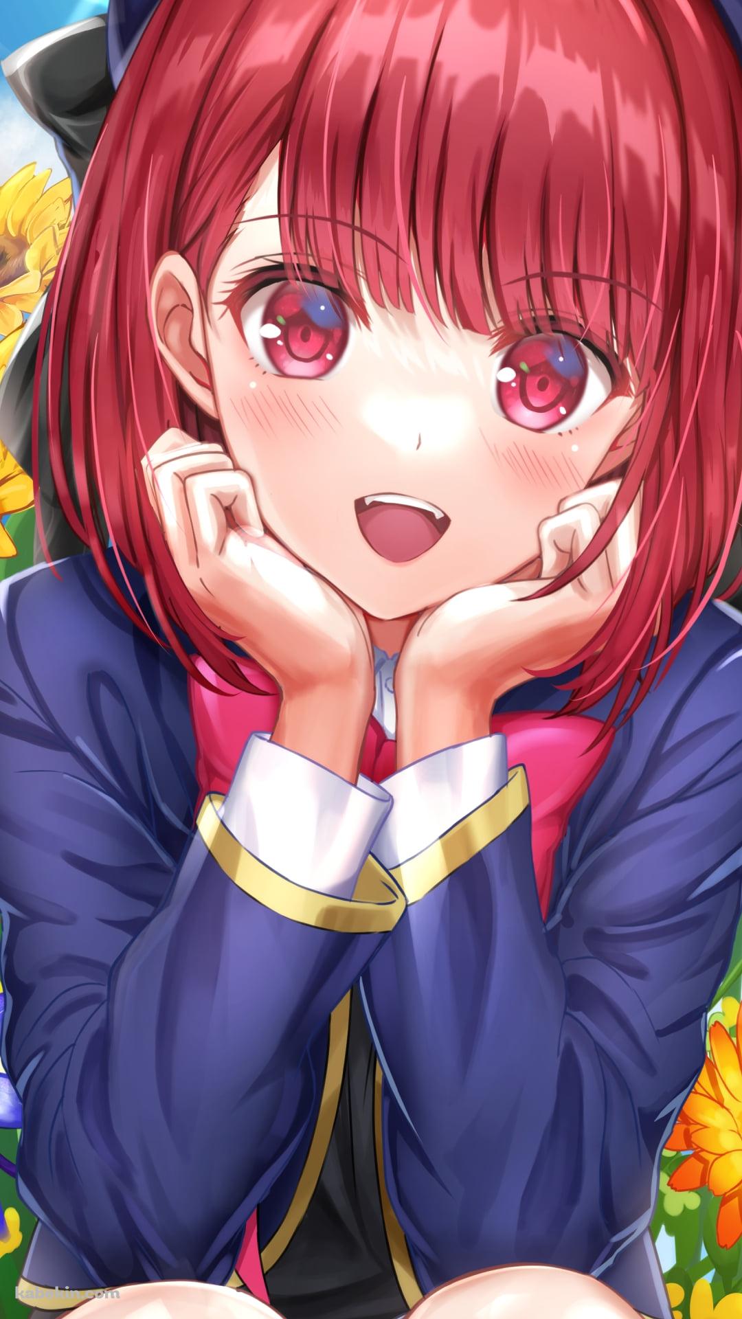 カラフルな花の前にしゃがむ有馬かな / 推しの子のAndroidの壁紙(1080px x 1920px) スマホ用