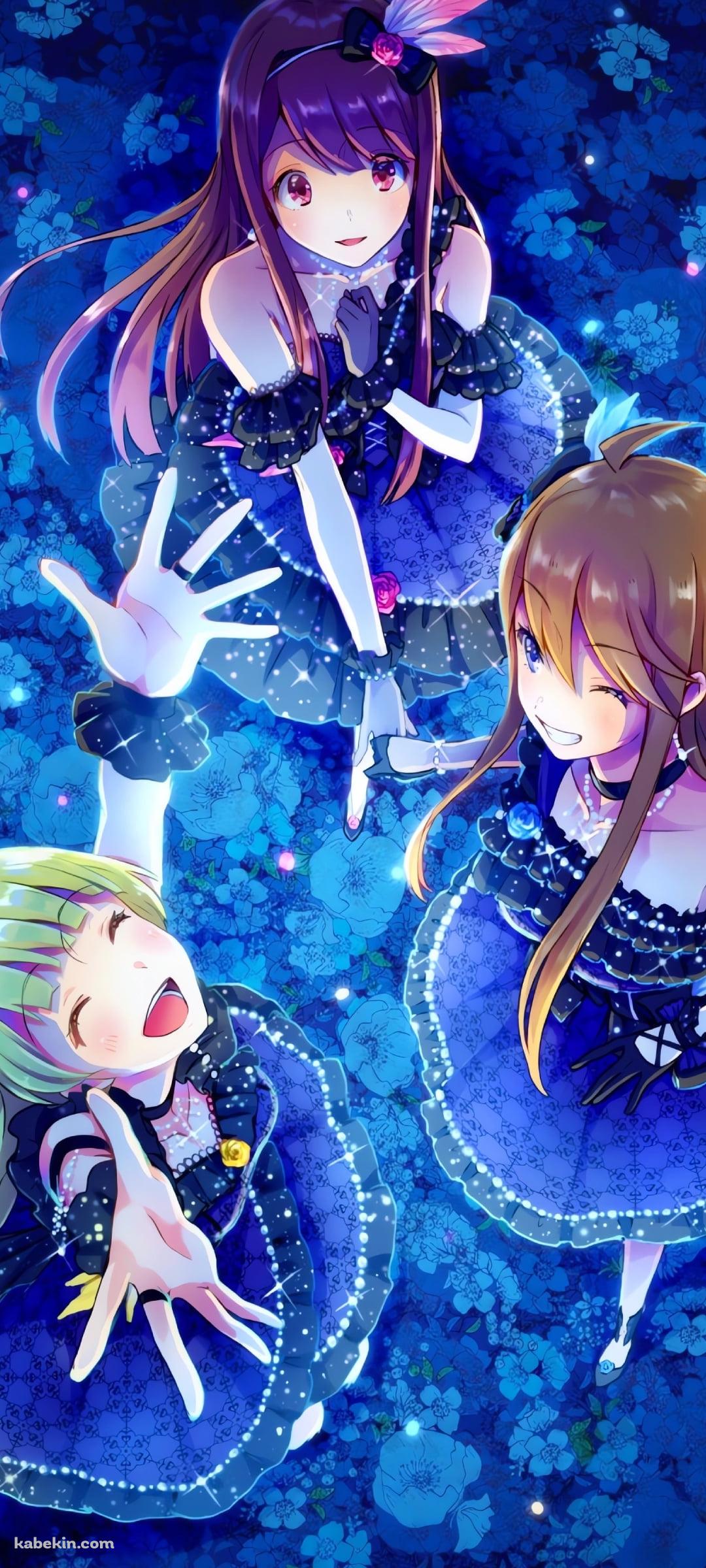 青い花の上に立つ所恵美 / 田中琴葉 / 島原エレナ / アイドルマスターミリオンライブ!のAndroidの壁紙(1080px x 2400px) スマホ用