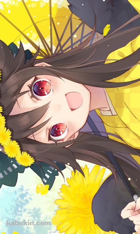 黄色い着物を着て和傘をさした笑顔の霊烏路空 / 東方のAndroidの壁紙(480px x 800px) スマホ用