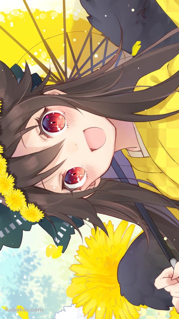 黄色い着物を着て和傘をさした笑顔の霊烏路空 / 東方のAndroidの壁紙(720px x 1280px) スマホ用