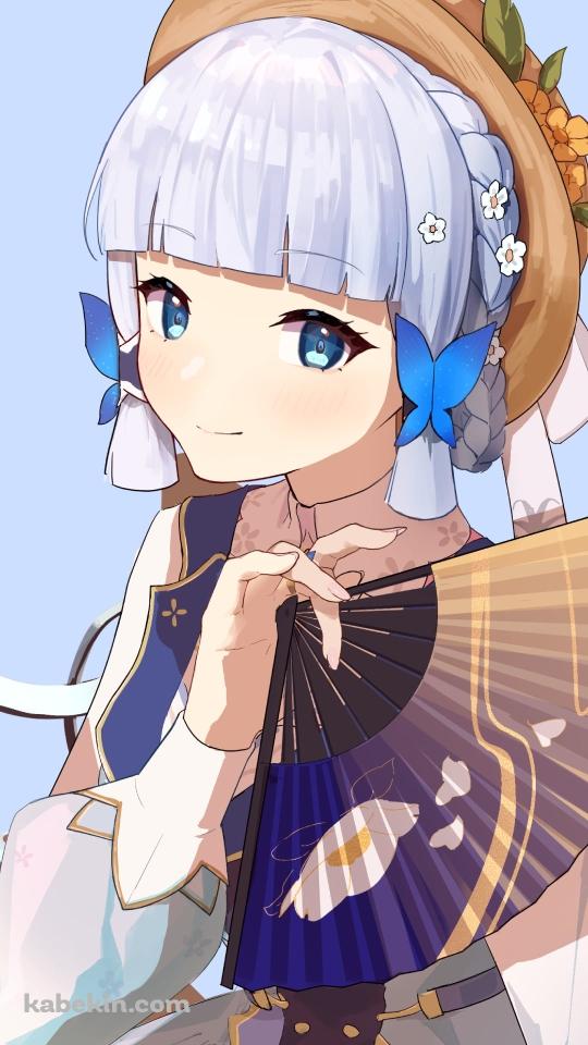 椅子に座り青い扇子を持つ可愛い神里綾華 / 花時に訪れた手紙 / 原神のAndroidの壁紙(540px x 960px) スマホ用