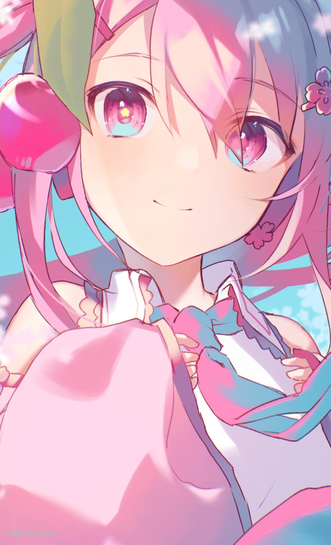 桜の花と微笑む桜ミク / サクランボの髪飾り / 初音ミク / ボーカロイドのAndroidの壁紙(1080px x 1776px) スマホ用