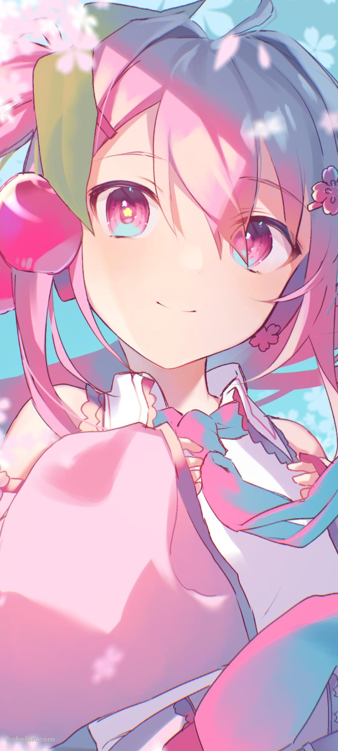 桜の花と微笑む桜ミク / サクランボの髪飾り / 初音ミク / ボーカロイドのAndroidの壁紙(1080px x 2400px) スマホ用