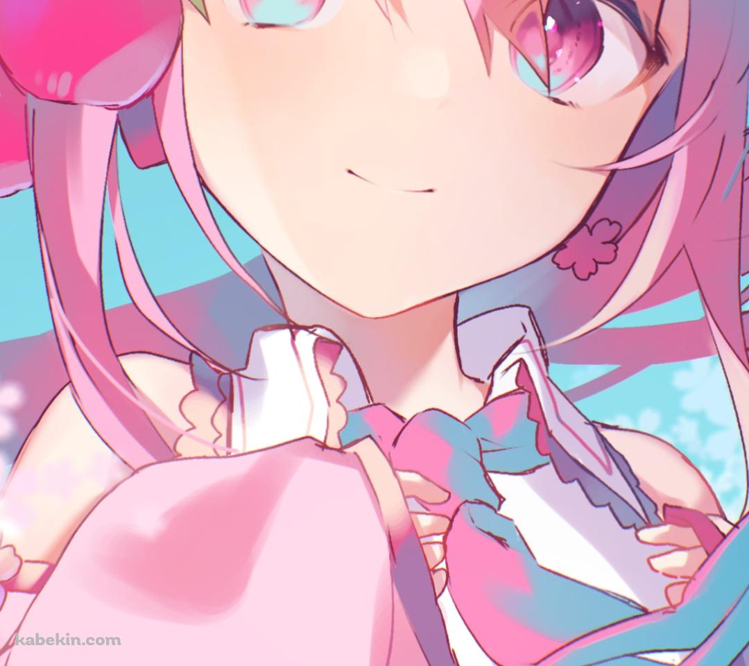 桜の花と微笑む桜ミク / サクランボの髪飾り / 初音ミク / ボーカロイドのAndroidの壁紙(1080px x 960px) スマホ用