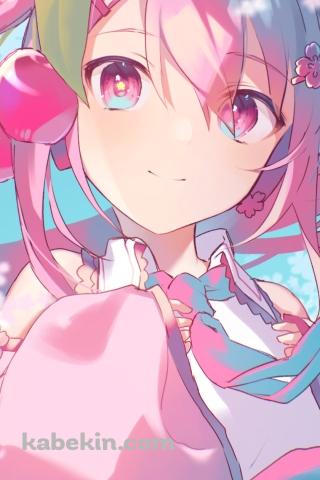 桜の花と微笑む桜ミク / サクランボの髪飾り / 初音ミク / ボーカロイドのAndroidの壁紙(320px x 480px) スマホ用