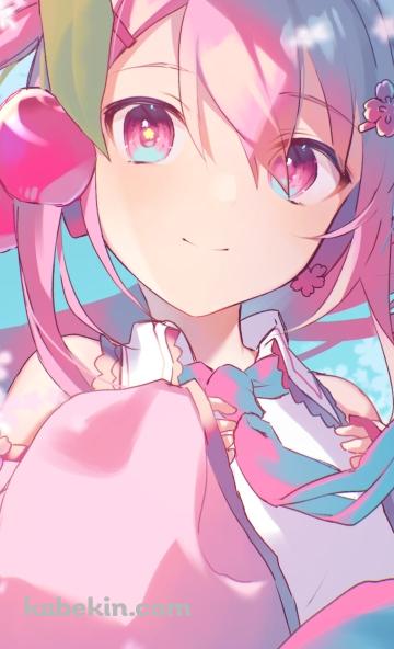 桜の花と微笑む桜ミク / サクランボの髪飾り / 初音ミク / ボーカロイドのAndroidの壁紙(360px x 592px) スマホ用