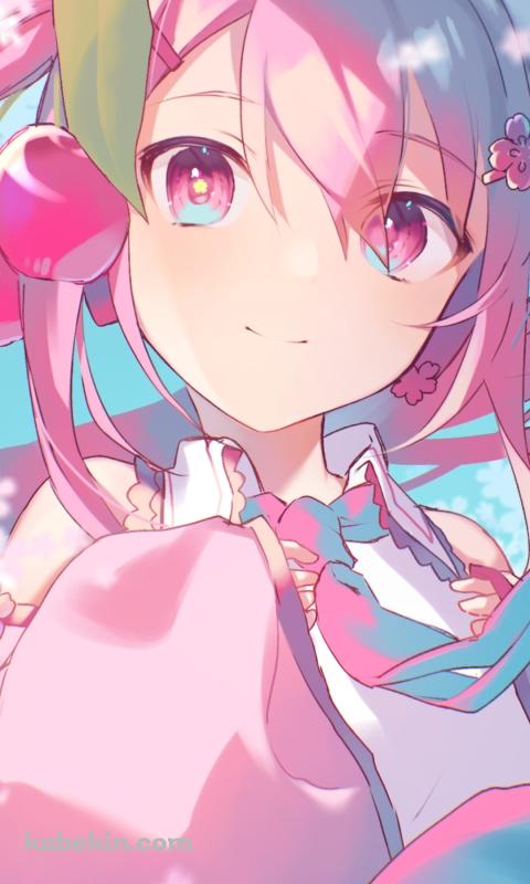 桜の花と微笑む桜ミク / サクランボの髪飾り / 初音ミク / ボーカロイドのAndroidの壁紙(480px x 800px) スマホ用