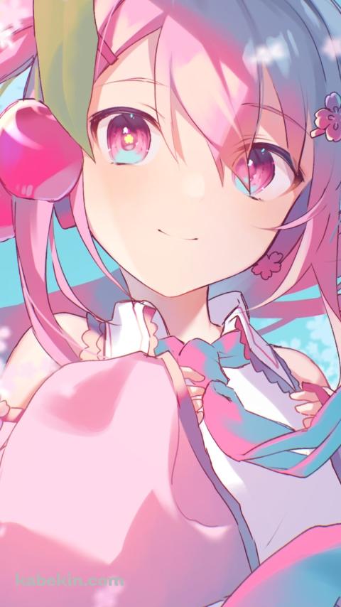 桜の花と微笑む桜ミク / サクランボの髪飾り / 初音ミク / ボーカロイドのAndroidの壁紙(480px x 854px) スマホ用