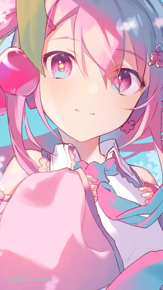 桜の花と微笑む桜ミク / サクランボの髪飾り / 初音ミク / ボーカロイドのAndroidの壁紙(540px x 960px) スマホ用