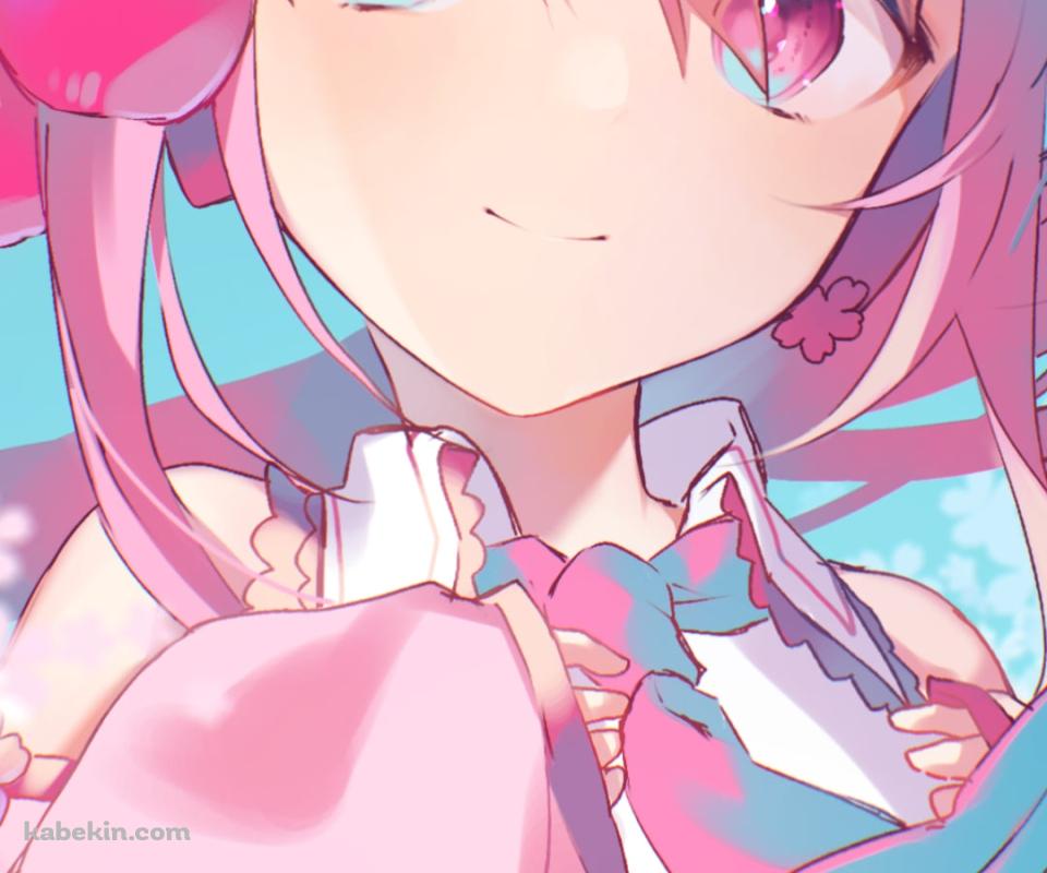 桜の花と微笑む桜ミク / サクランボの髪飾り / 初音ミク / ボーカロイドのAndroidの壁紙(960px x 800px) スマホ用
