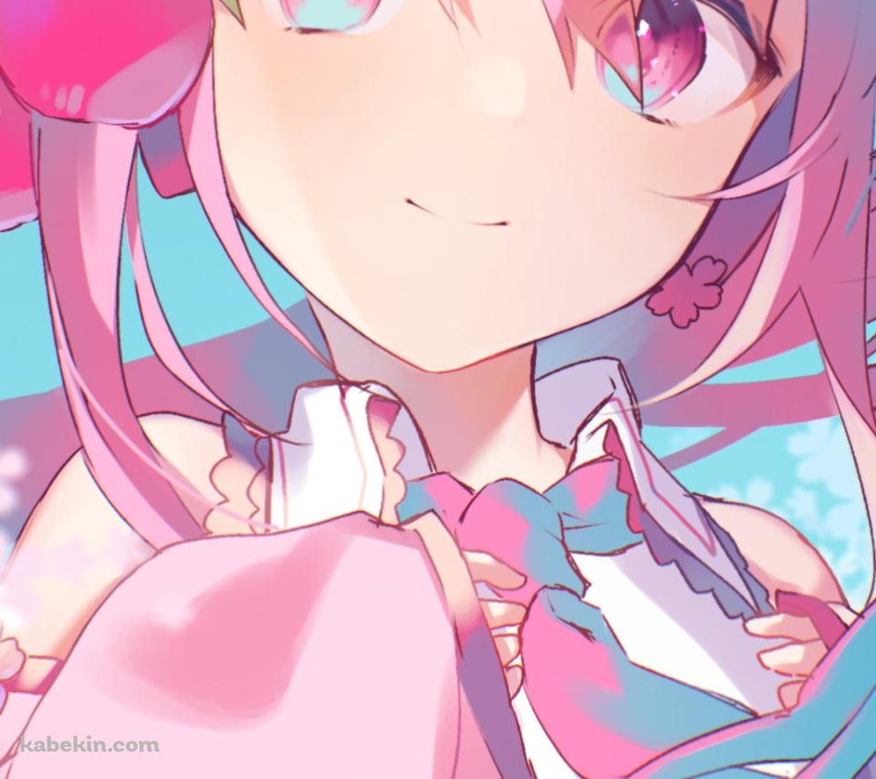 桜の花と微笑む桜ミク / サクランボの髪飾り / 初音ミク / ボーカロイドのAndroidの壁紙(960px x 854px) スマホ用