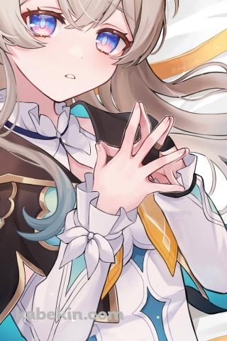 白いシーツの上で両手の指を合わせるホタル / 崩壊:スターレイルのAndroidの壁紙(320px x 480px) スマホ用