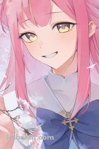 桜の花に手をかける聖園ミカ / ブルーアーカイブのAndroidの壁紙(320px x 480px) スマホ用