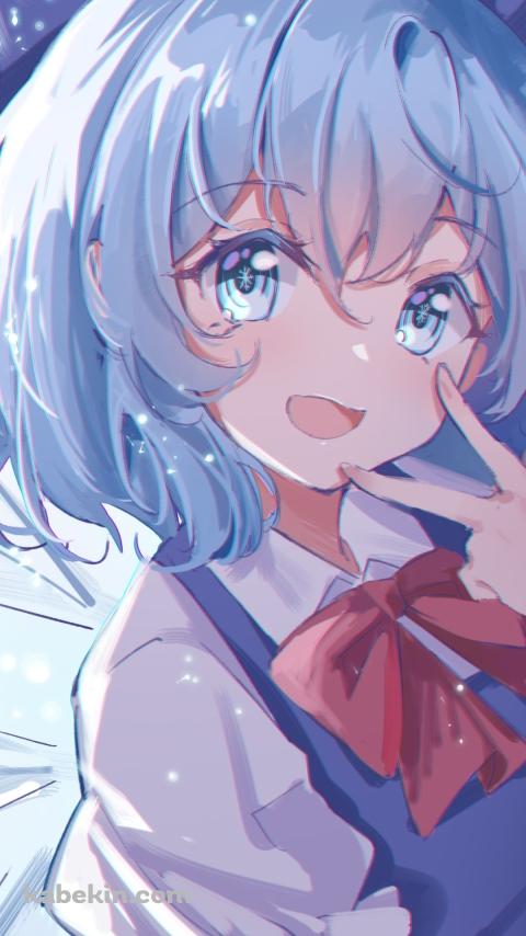 口元でピースをする可愛いチルノ / 東方のAndroidの壁紙(480px x 854px) スマホ用