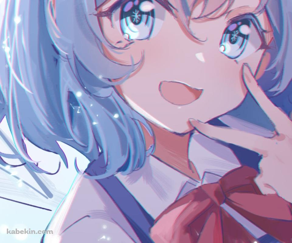 口元でピースをする可愛いチルノ / 東方のAndroidの壁紙(960px x 800px) スマホ用