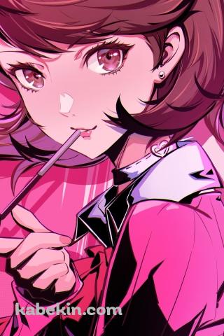 苺のポッキーを食べる岳羽ゆかり / ペルソナ3のAndroidの壁紙(320px x 480px) スマホ用
