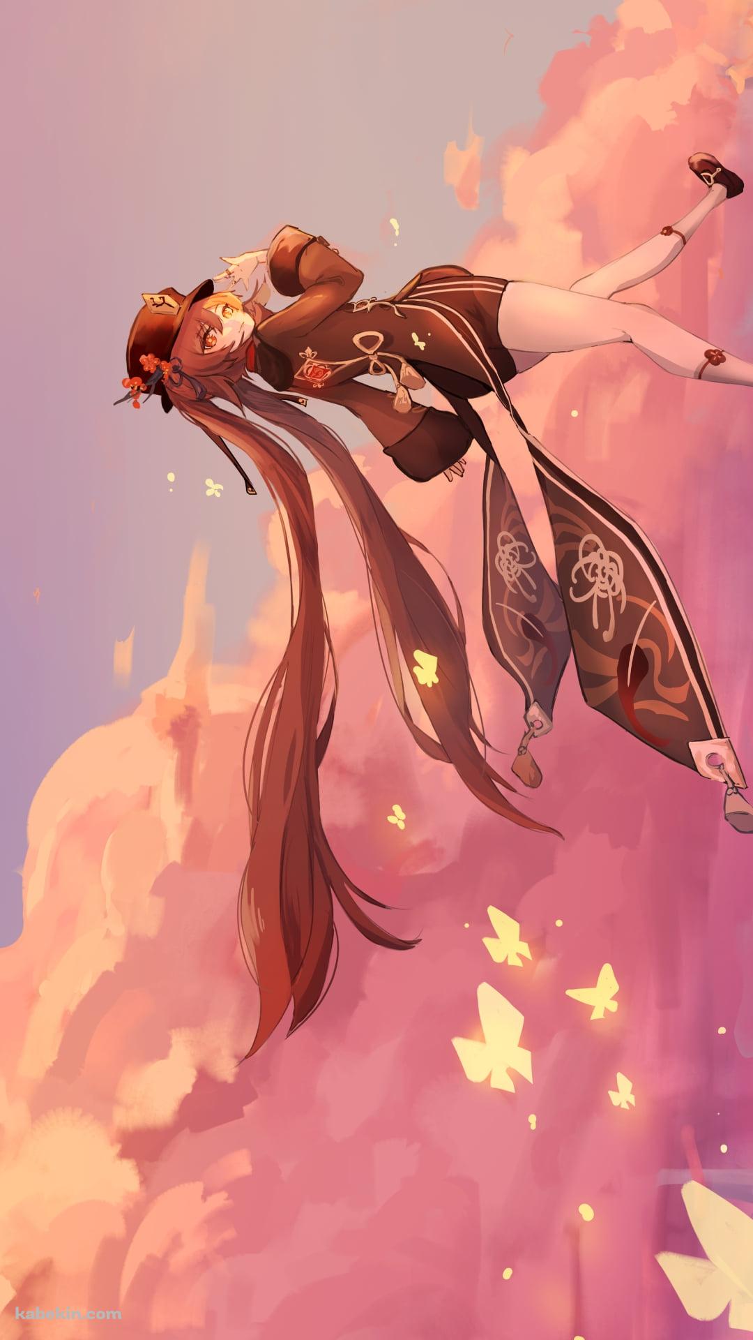 夕暮れの草原を歩く胡桃 / 光る蝶 / 原神のAndroidの壁紙(1080px x 1920px) スマホ用