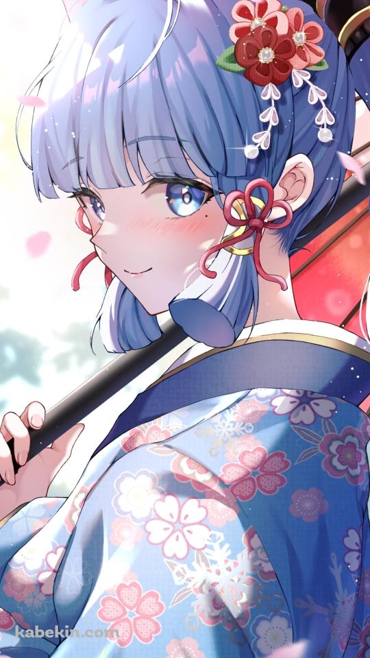 赤い和傘をさし微笑む水色の着物を着た神里綾華 / 原神のAndroidの壁紙(540px x 960px) スマホ用