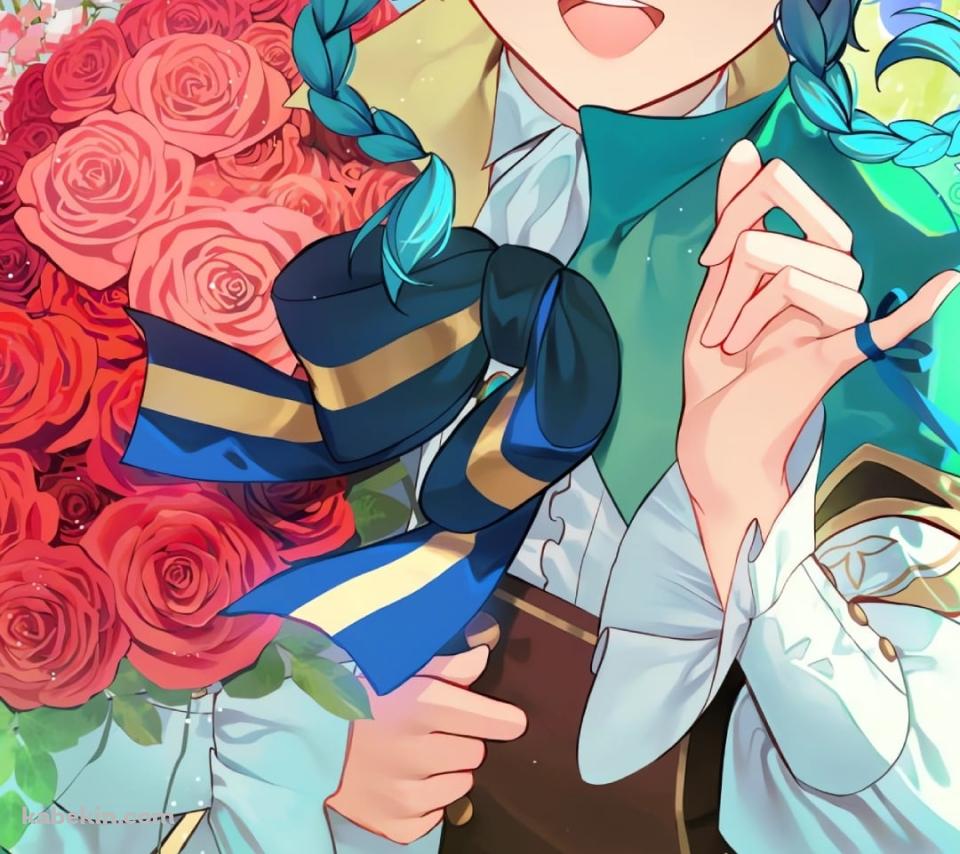 赤い薔薇の花束を持つウェンティ / 原神のAndroidの壁紙(960px x 854px) スマホ用