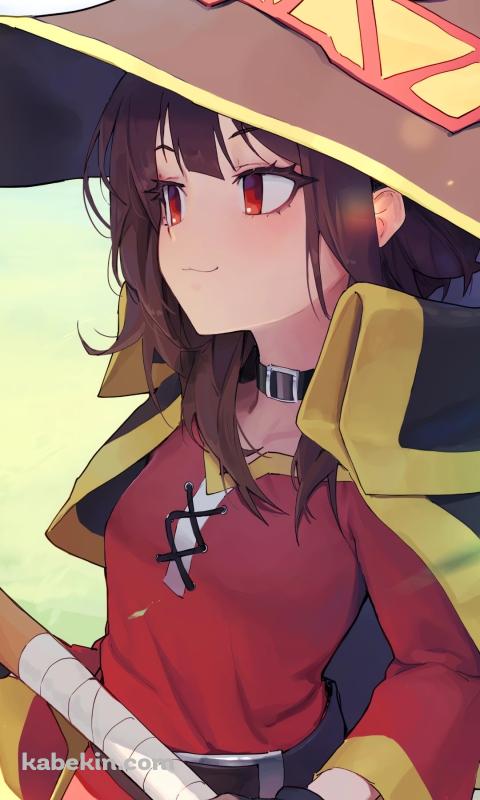 緑の草原と杖を持つめぐみん / このすば！のAndroidの壁紙(480px x 800px) スマホ用