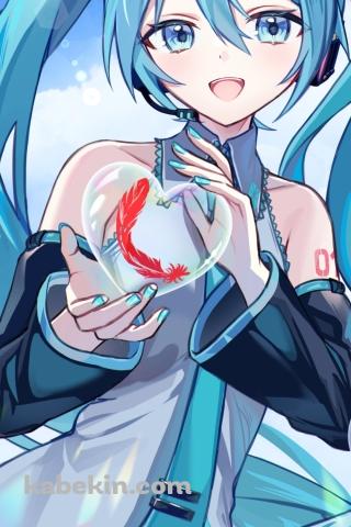 ハート型のシャボン玉と初音ミク / ボーカロイドのAndroidの壁紙(320px x 480px) スマホ用