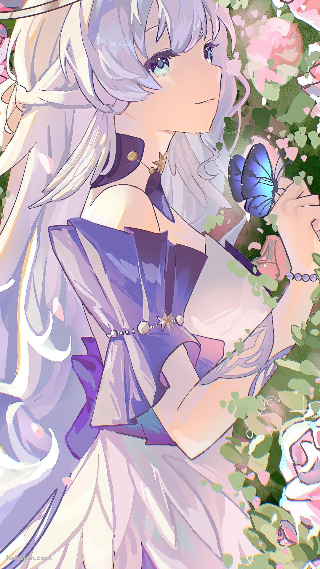 ピンクの薔薇とロビンと青い蝶 / 崩壊:スターレイルのAndroidの壁紙(1080px x 1920px) スマホ用