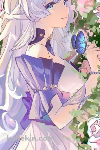 ピンクの薔薇とロビンと青い蝶 / 崩壊:スターレイルのAndroidの壁紙(320px x 480px) スマホ用