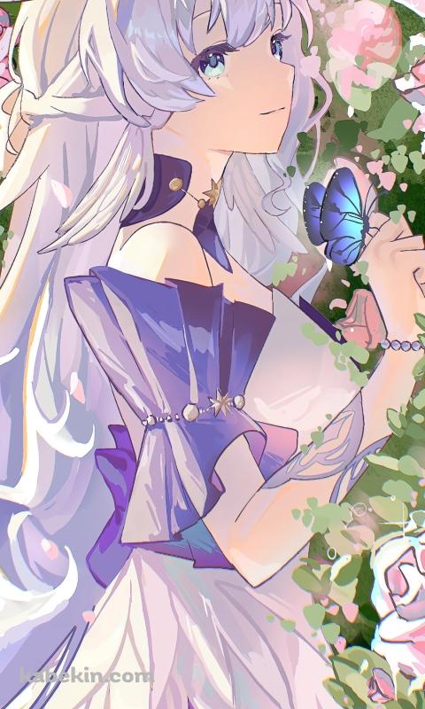 ピンクの薔薇とロビンと青い蝶 / 崩壊:スターレイルのAndroidの壁紙(480px x 800px) スマホ用