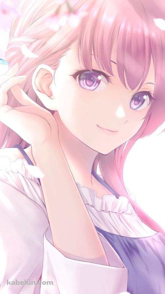 桜の花と髪をかきあげる幕澤桜花 / 女神のカフェテラスのAndroidの壁紙(540px x 960px) スマホ用