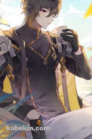 座ってお酒を飲む鍾離 / 原神のAndroidの壁紙(320px x 480px) スマホ用