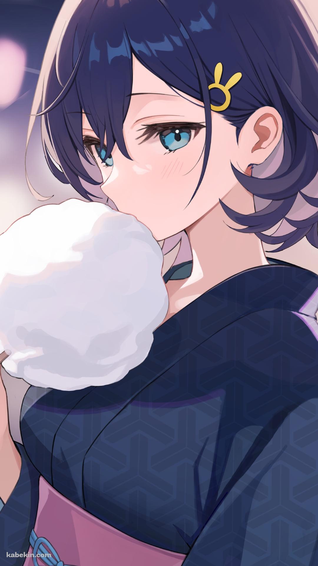 わたあめを食べる浴衣を着た各務チヒロ / ブルーアーカイブのAndroid用のスマホ壁紙(1080 x 1920)| 壁紙キングダム