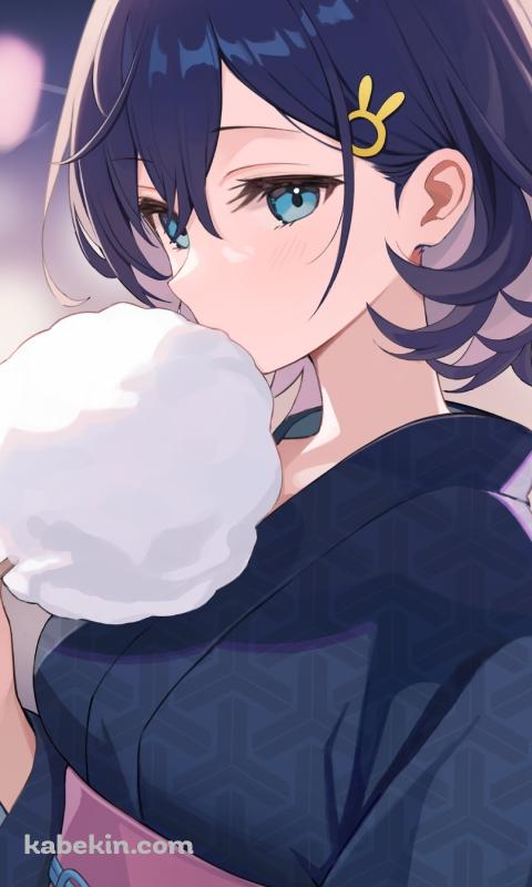 わたあめを食べる浴衣を着た各務チヒロ / ブルーアーカイブのAndroidの壁紙(480px x 800px) スマホ用