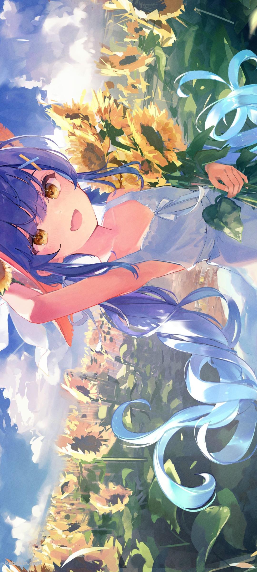 向日葵を持つ麦わら帽子をかぶった天宮こころ / にじさんじ / バーチャルYouTuberのAndroidの壁紙(1080px x 2400px) スマホ用