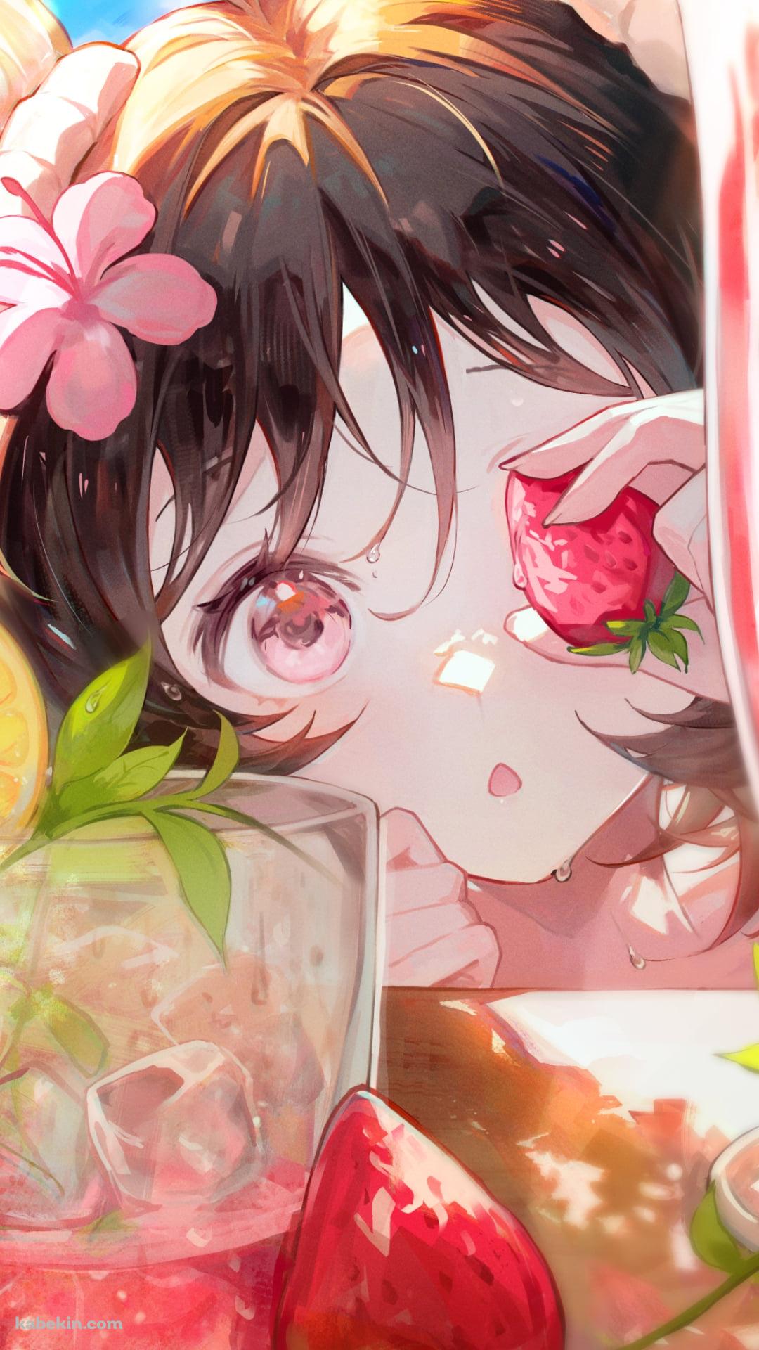 苺のカクテルと左目を苺で隠したエイヤフィヤトラ / アークナイツのAndroidの壁紙(1080px x 1920px) スマホ用
