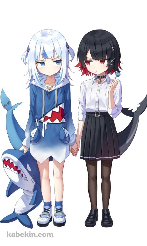 並んで見つめ合うがうる・ぐらとエレン・ジョー / ホロライブ / バーチャルYouTuber / ゼンレスゾーンゼロのAndroidの壁紙(480px x 800px) スマホ用