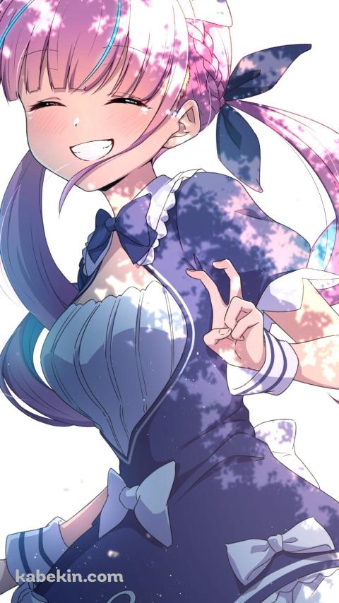 左手でピースをする笑顔の湊あくあ / ホロライブ / バーチャルYouTuberのAndroidの壁紙(480px x 854px) スマホ用
